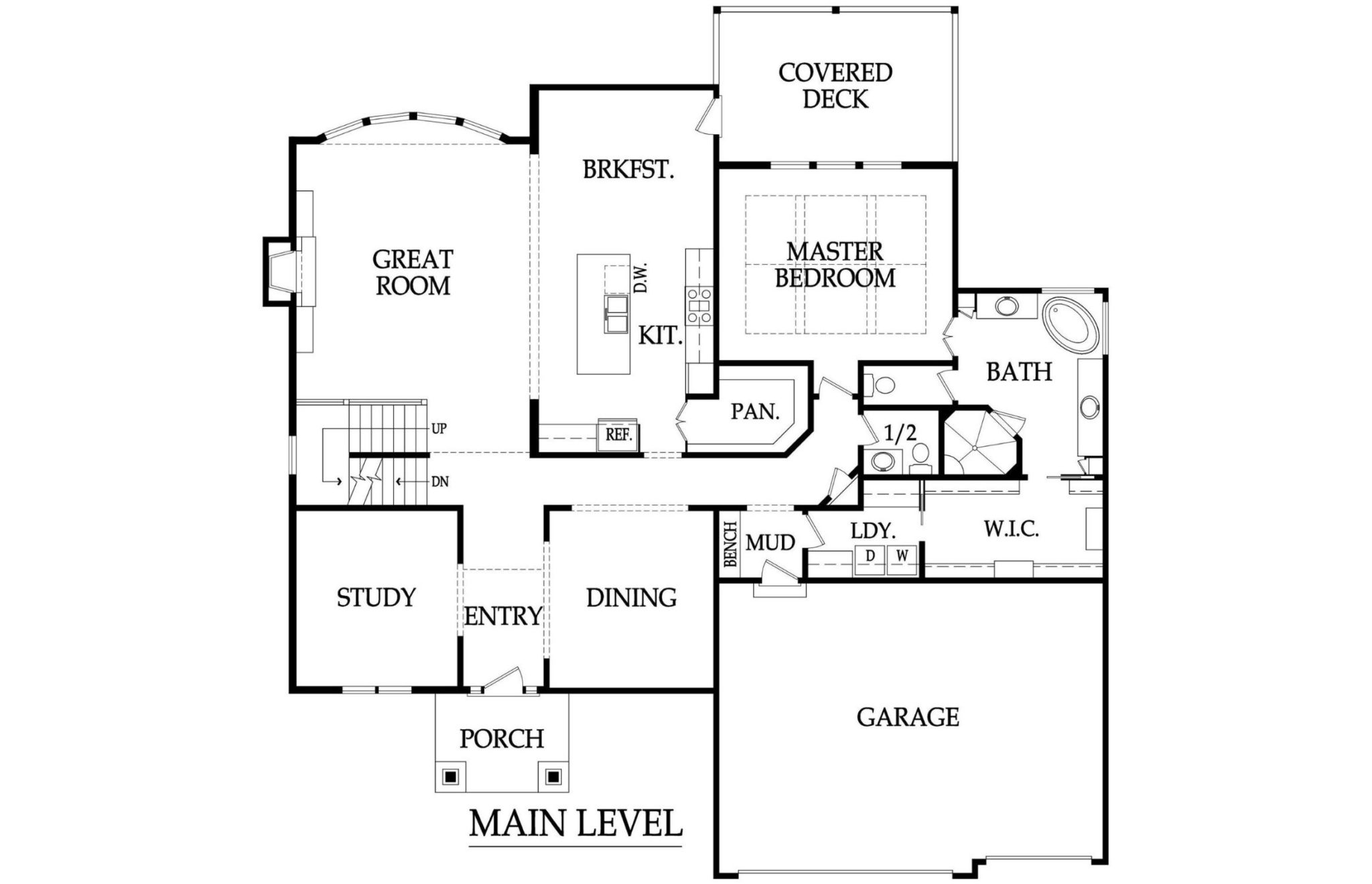 The main level of the Jefferson farmhouse floor plan includes the great room, kitchen, breakfast nook, study, dining room, laundry room, master suite, and three car garage.