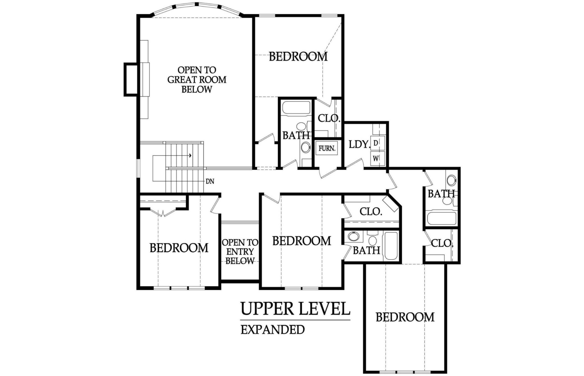 The upper level of the Jefferson farmhouse floor plan includes four secondary bedrooms, three full bathrooms, and an optional laundry room.