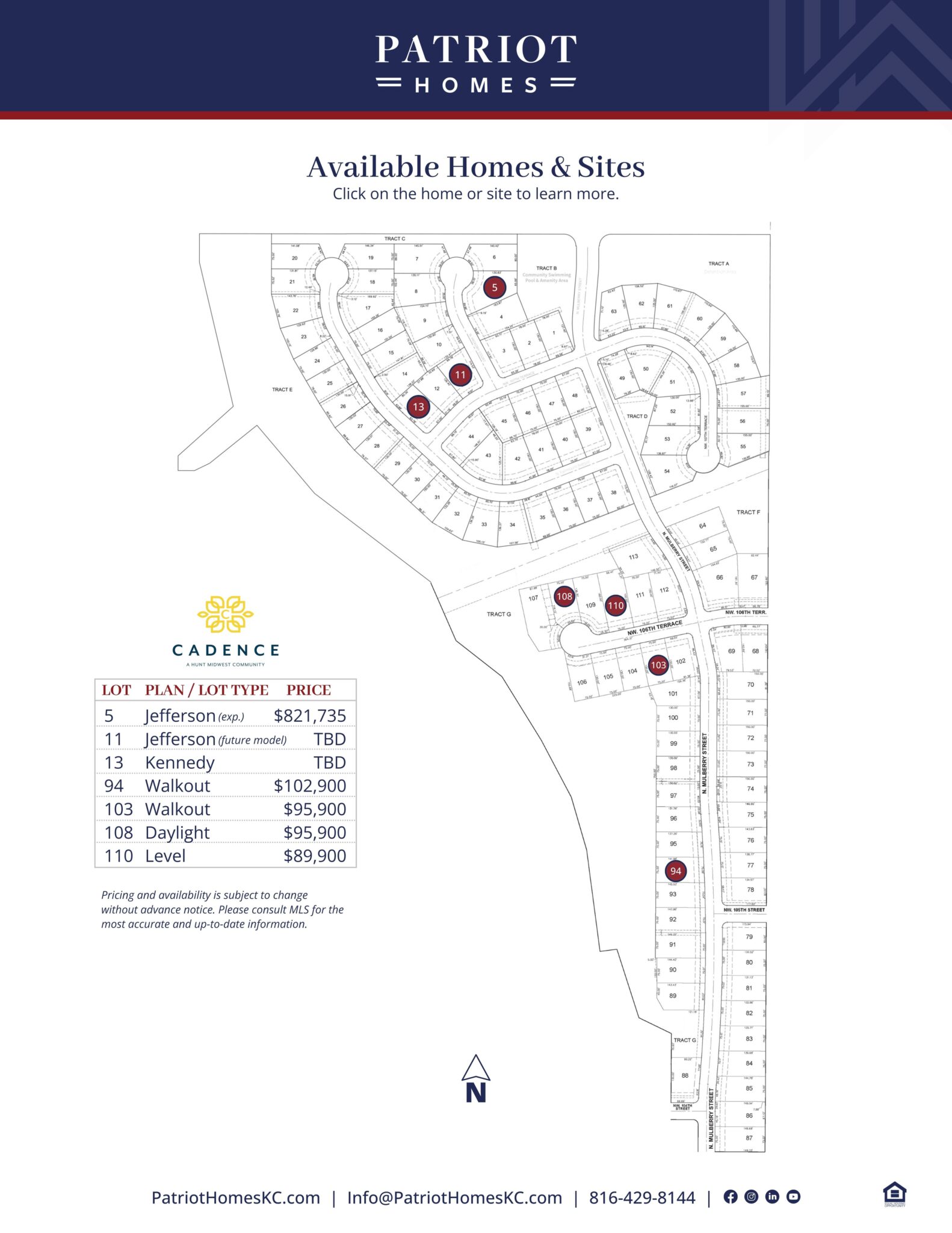 Available homes homesites lots in Cadence new home community.
